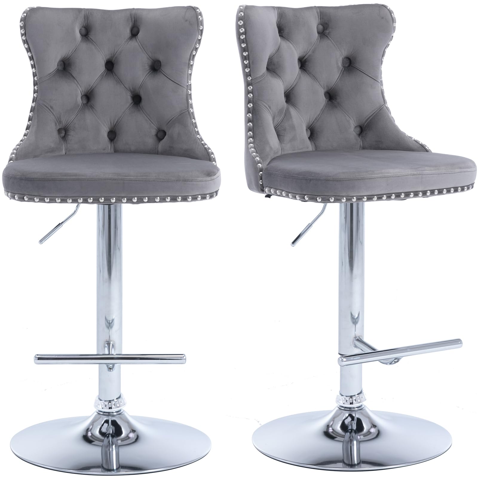 ZenNook Swivel Counter Height Bar Stools Set of 2, Gray Kitchen Island Barstools, Velvet Adjustable Bar Height Stool Chairs, Tufted Back, Silver