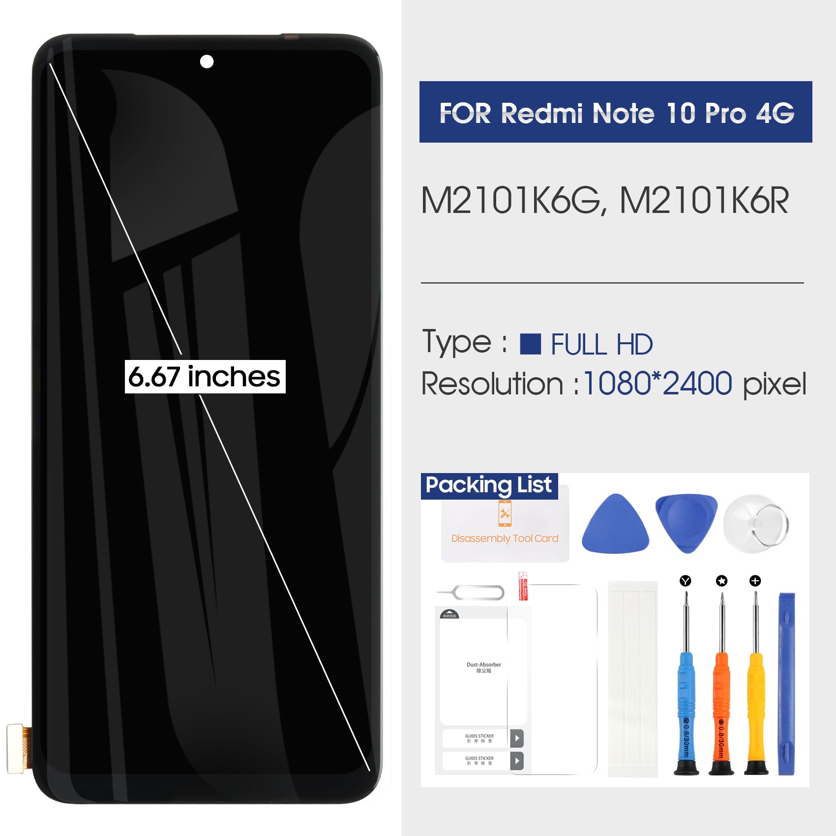 Reparo LCD Schermo per Xiaomi Redmi Note 10 PRO/Note 10 PRO Max Schermo di Ricambio per Redmi Note 10 PRO LCD Display Touch Screen Digitizer Vetro Full Assemblaggio M2101K6G M2101K6R