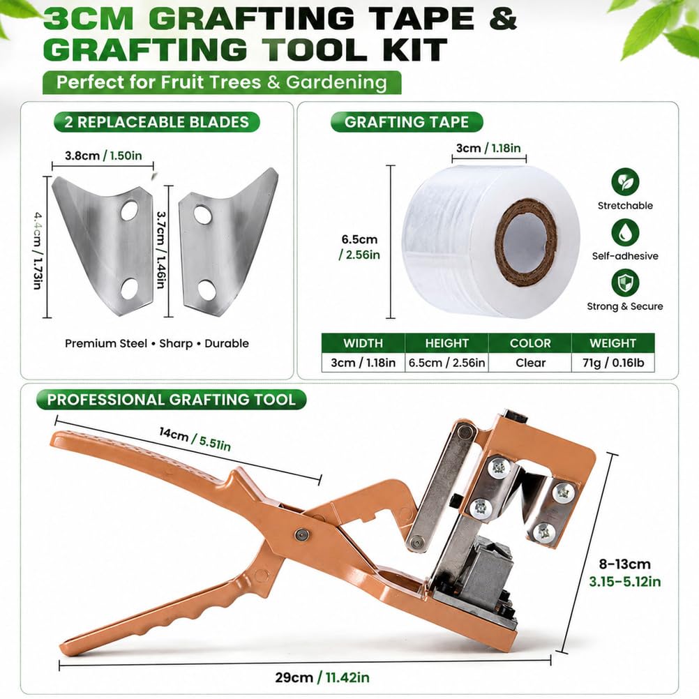 Kit Pinza per Innesto a V per Alberi da Frutto, Attrezzo in Lega di Alluminio con Lama SK5 Sostituibile e Nastro per Innesto, per Rami da 8-20 mm in Giardino e Frutteto