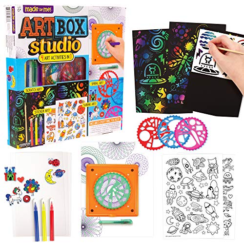 Made By Me Art Box Studio by Horizon Group USA.4 In 1 Activity Kit-Scratch Art,Spiral Art,Shrink Art & Sticker Art.Kit Includes Gel Pens, Mini Markers, Design Sheet,Stencils,Instructions & More