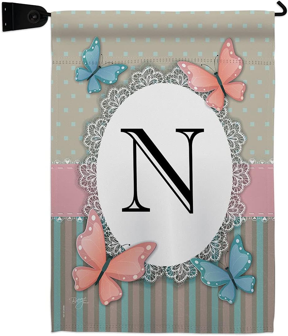 Butterflies N Initial Burlap Garden Flag Monogram Friends Butterfly Ladybugs Dragonfly Bee Springtime Insect Natural Wildlife Small Decorative Gift Yard House Banner Double-Sided Made In USA 13 X 18.5