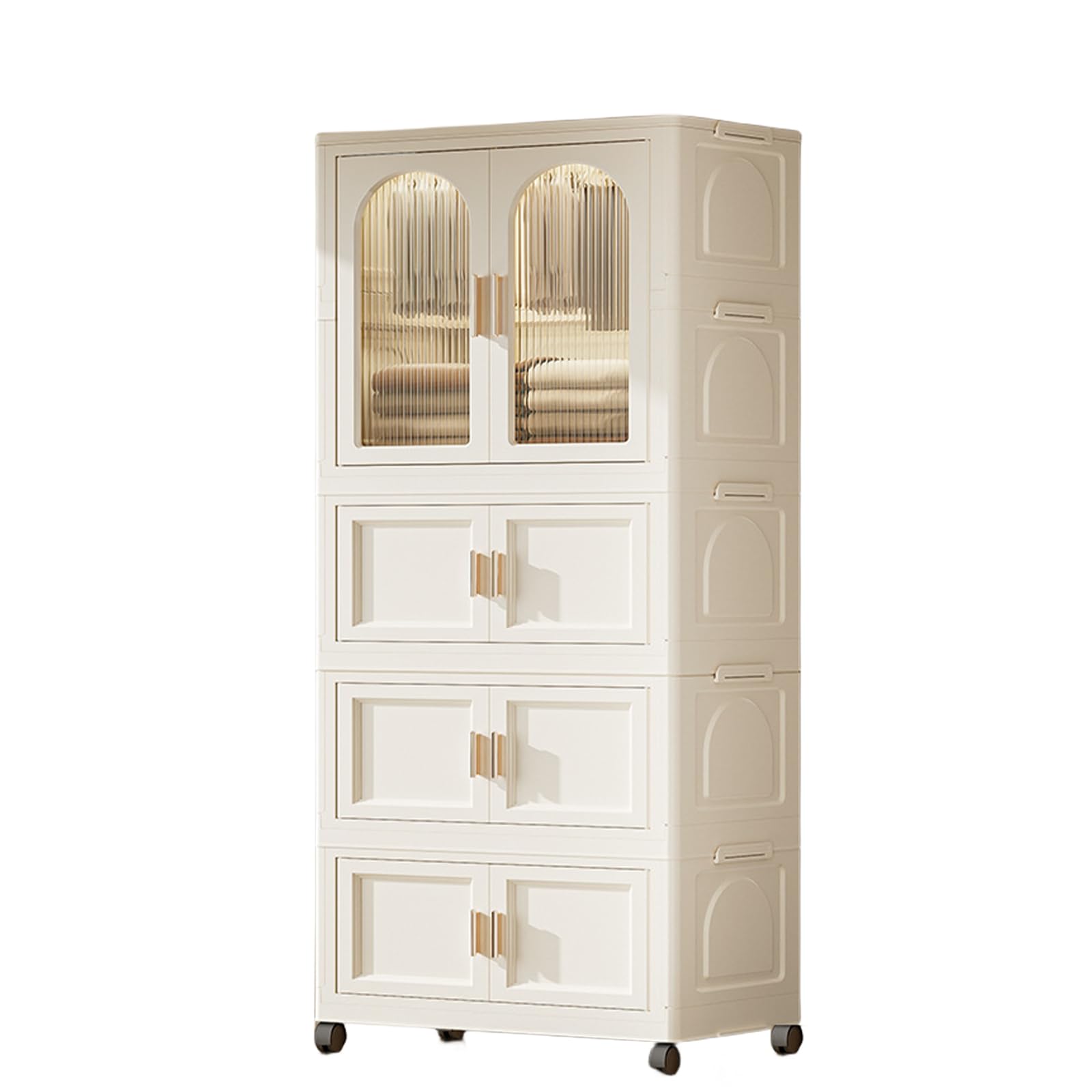 Large Capacity Wardrobe Storage 4 Tiers on Wheels, Foldable Closet Portable Kids Wardrobe Kids Wardrobe, Mobile Plastic Cabinet Organizer for Clothes Storage Bedroom, Bathroom