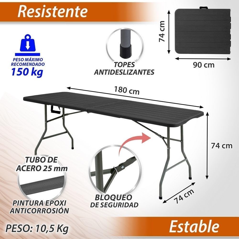 LOLAhome - Mesa Plegable maletín Gris Oscuro Efecto Madera de 180x74 cm, Resistente y fácil de Montar, con Estructura de Acero anticorrosión y HDPE. Ideal para Exterior, Catering, terraza y Eventos