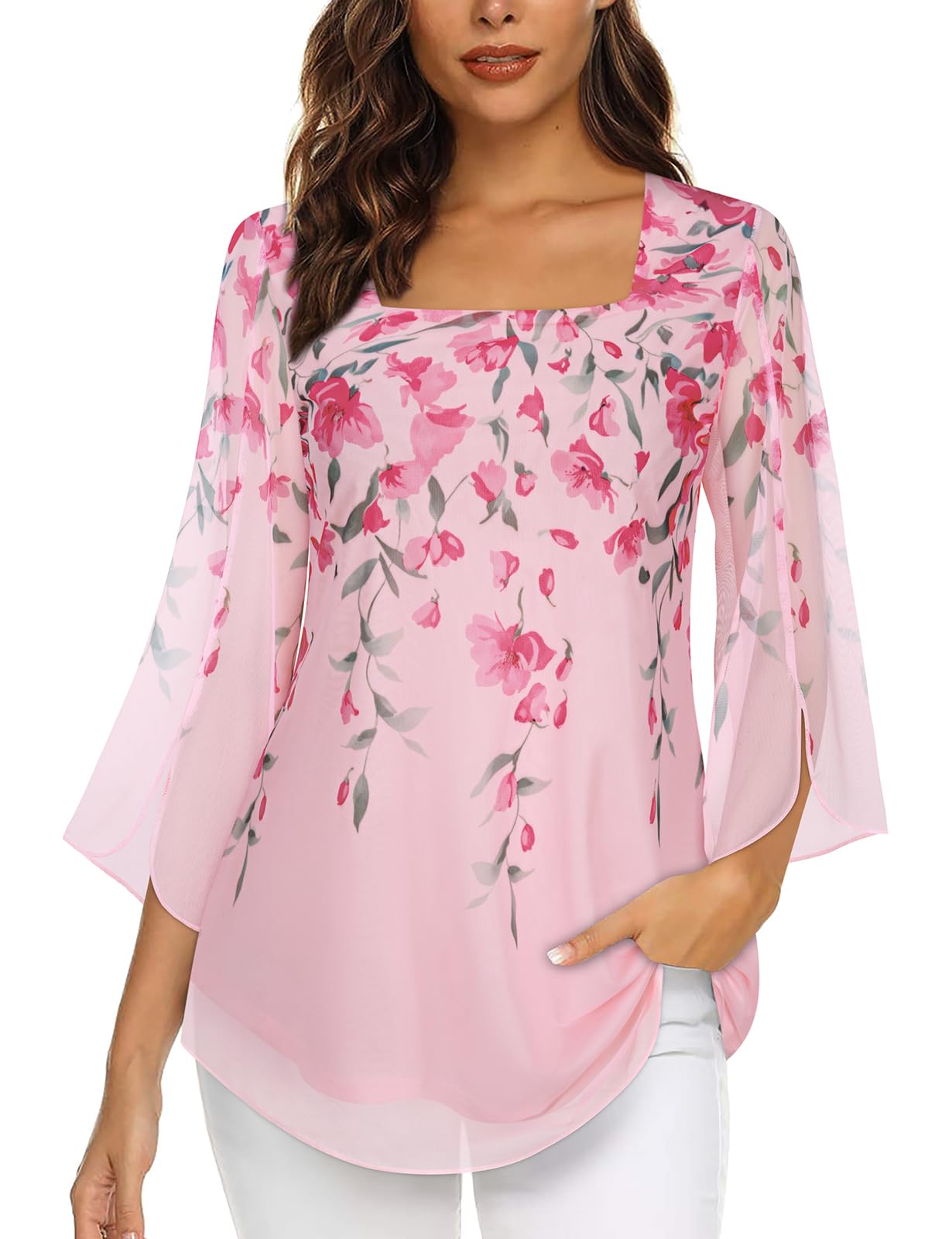 Syphiby Damen-Blusen mit Rüschen, 3/4-Ärmel, Tunika, Tops, locker, fließend, quadratischer Ausschnitt, Chiffon, doppellagig, Netzhemden, M-3XL