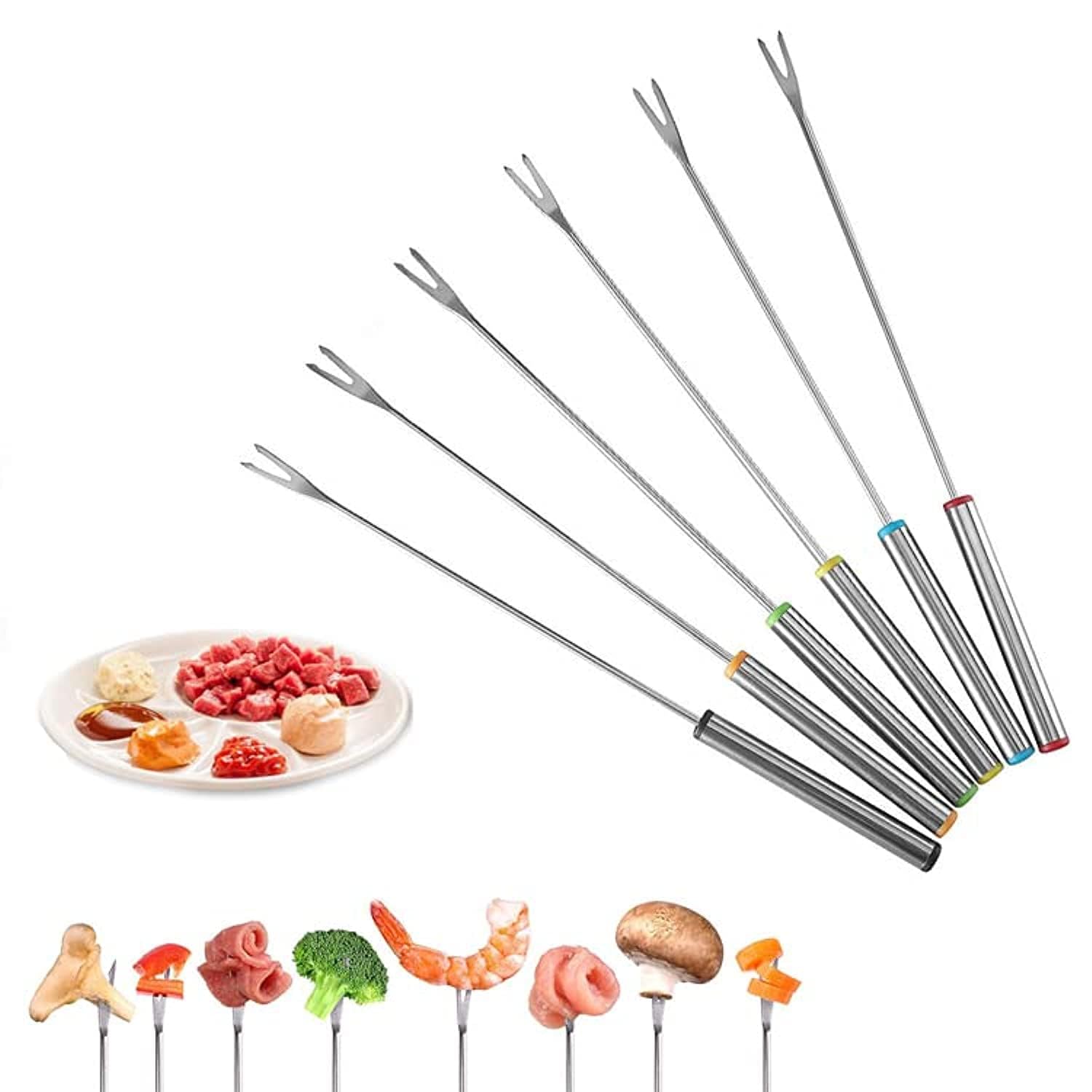 Khazna Stainless Steel Fondue Forks, Color-Coded Cheese Fondue Fork Stainless Steel Fruit Fondue Forks with Heat-blocking Handle for Chocolate Fountain Cheese Hot Pot Barbecue 6 Pack 9.5 Inch