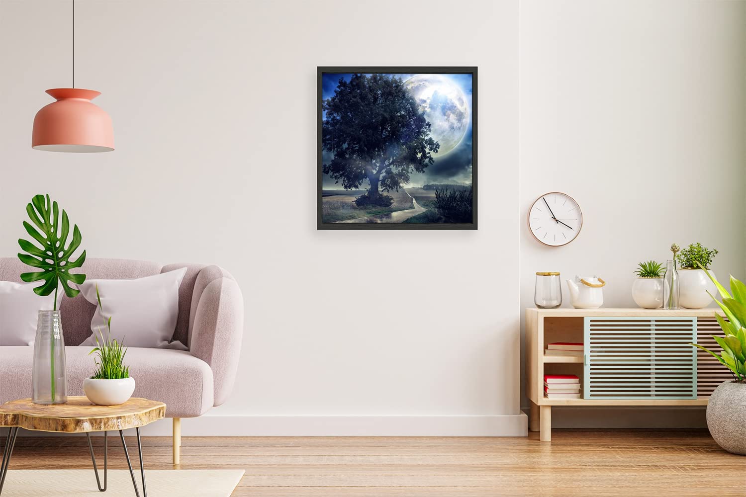 VERRE ART Designs Print Black Floater Framed Canvas Wall Printed Painting Art Decoration Poster (14x14 Inch) - Giant Moon Summer Night