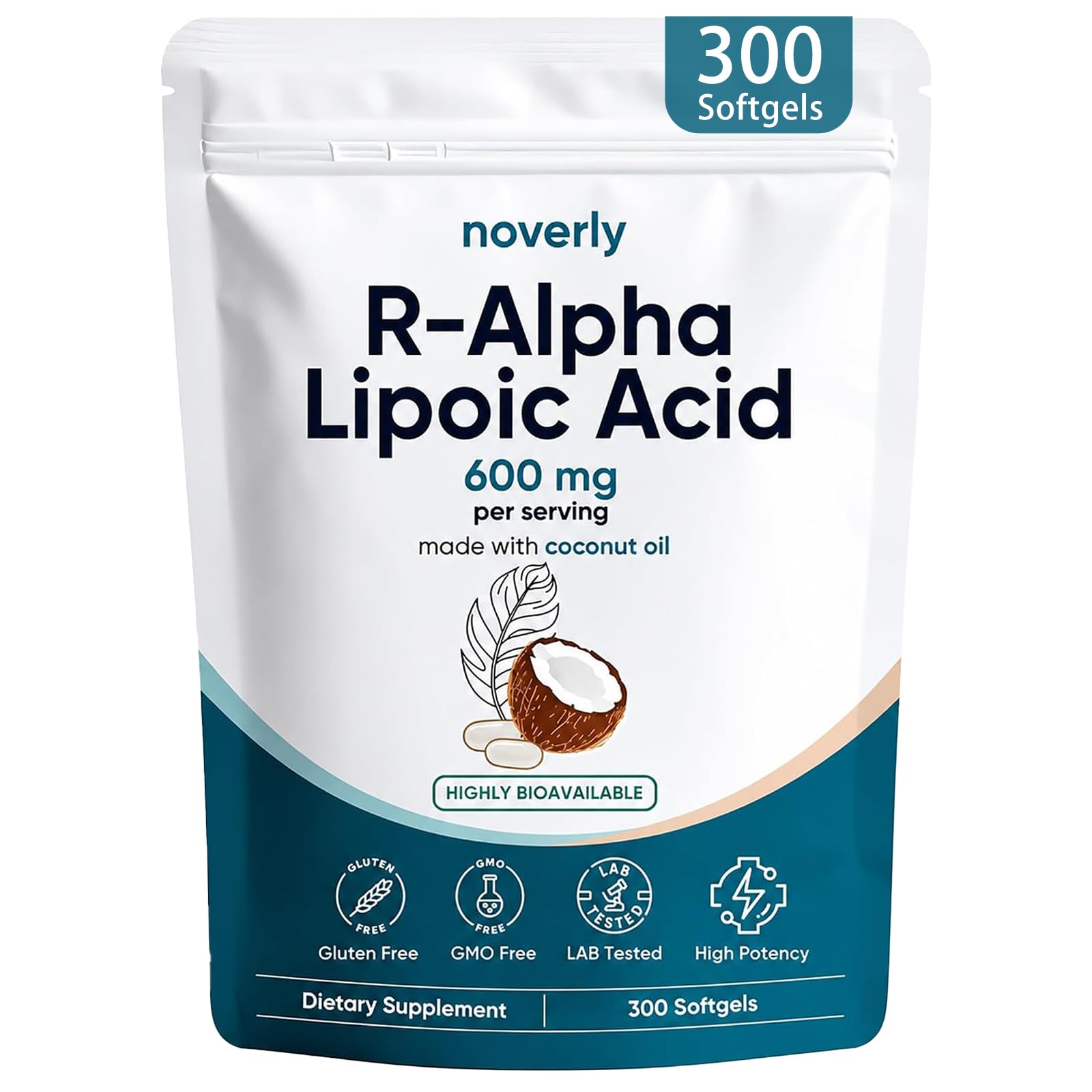 R-Alpha Lipoic Acid 600mg for Neuropathy, 300 Softgels, 100-Day Supply with Coconut MCT Oil, Ácido R-alfa lipoico Supplement for Nerve Health &amp; Antioxidant Support, GMO-Free, Gluten-Free