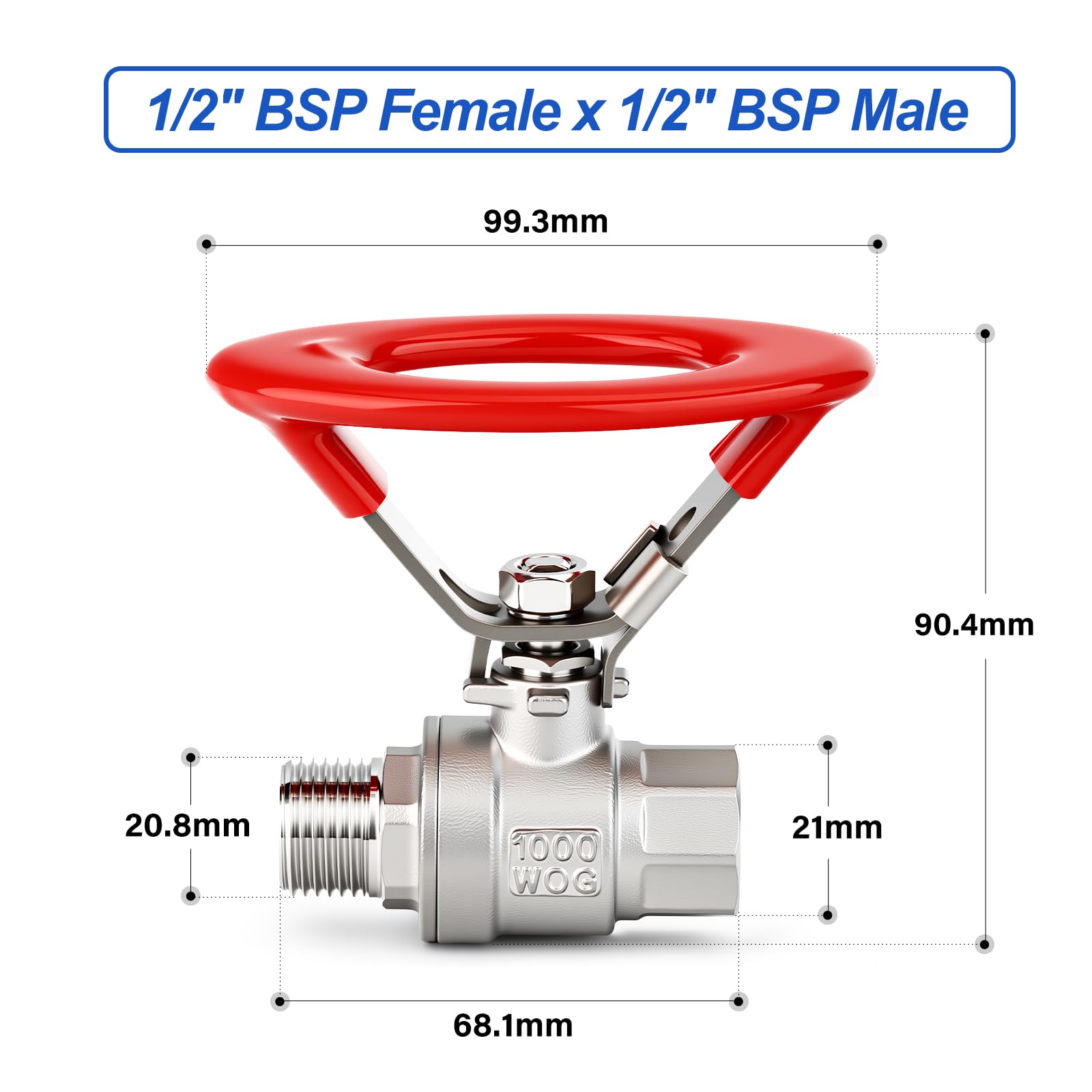 Vanne à bille 1/2" BSP femelle x 1/2" BSP mâle, vanne à bille à passage intégral en acier inoxydable 304 avec poignée ronde et interrupteur d'arrêt, 1000 WOG pour l'eau, l'huile et le gaz