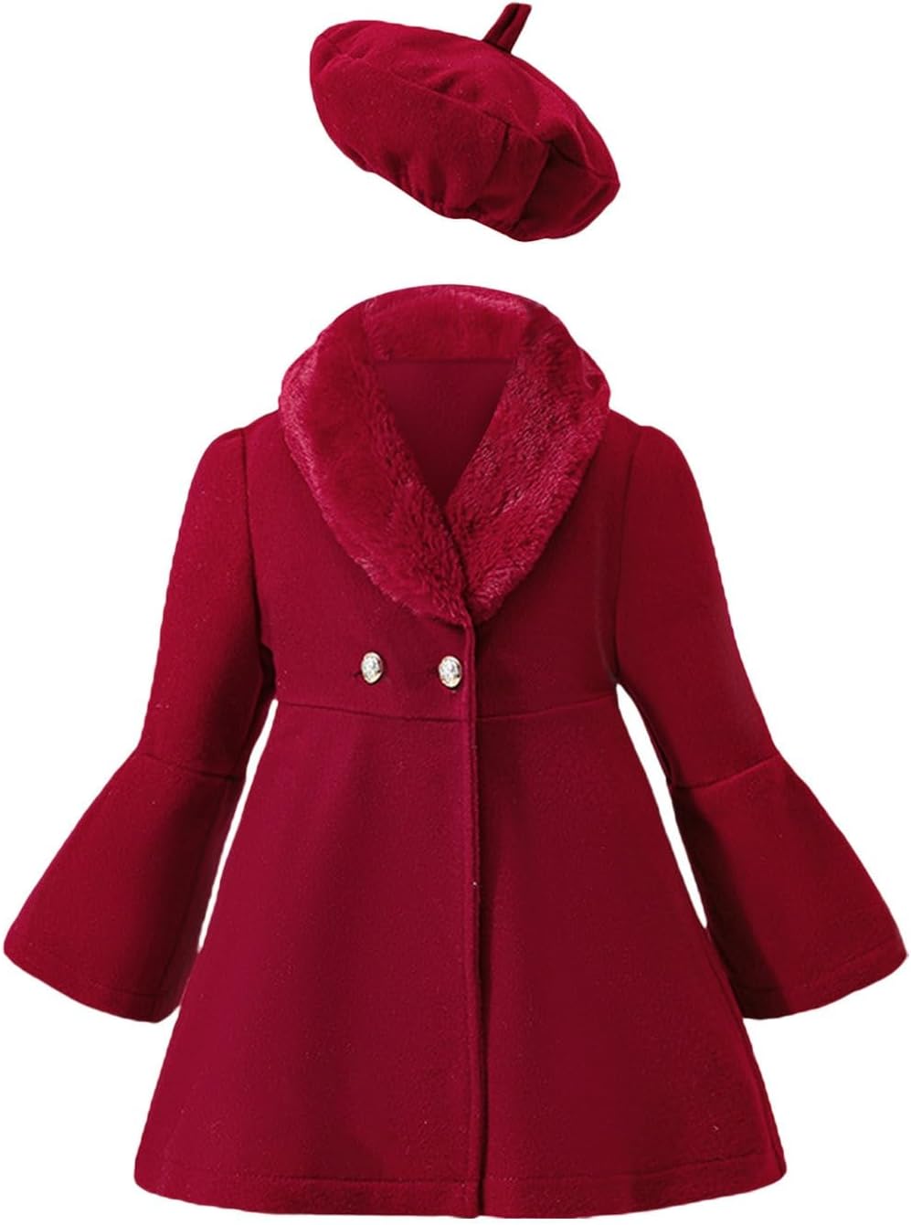 Toddler Baby Girls Wool Blend Coat Flare Long Sleeve Lapel Trench with Hats Solid Color Winter Warm Clothes New Stuff