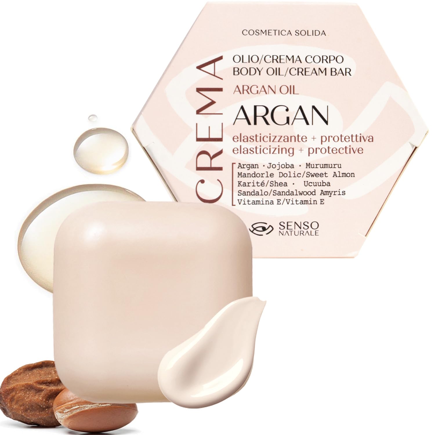 Senso Naturale Olio Corpo Solido, Crema Corpo Idratante con Olio di Argan e Jojoba, Burro di Karité e Vitamina E | 100% Naturale e Vegano