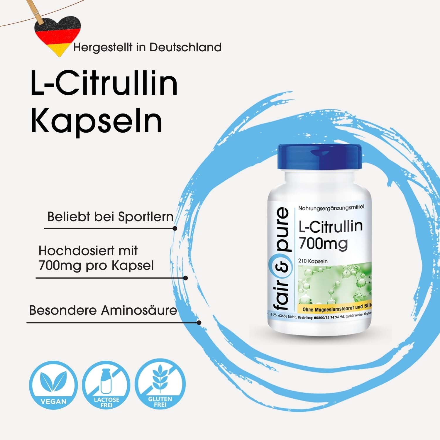 Fair & Pure L-Citrullin 700mg, 210 Kapseln, Nahrungsergänzungsmittel vegan ohne Magnesiumstearat, in Deutschland hergestellt