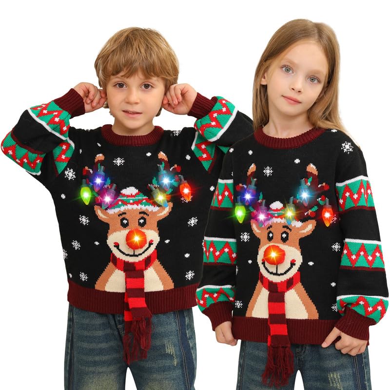 Maglione Natalizio Bambino con Luci, Maglioni Natalizi Bambini Divertenti, Girocollo Maglioncino Natalizio Famiglia Led Ugly Christmas Sweater,Brutti Maglioni di Natale per Bimbo/Bimba/Ragazza/Ragazzo