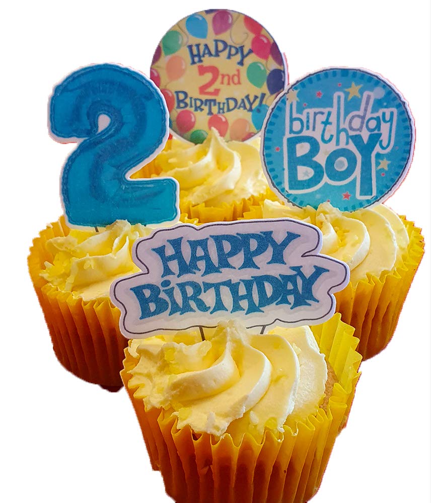 Made4You 2nd Birthday Boy, Edible Cupcake Toppers, Blue - Stand-up Wafer Cake Decorations (Pack of 12)