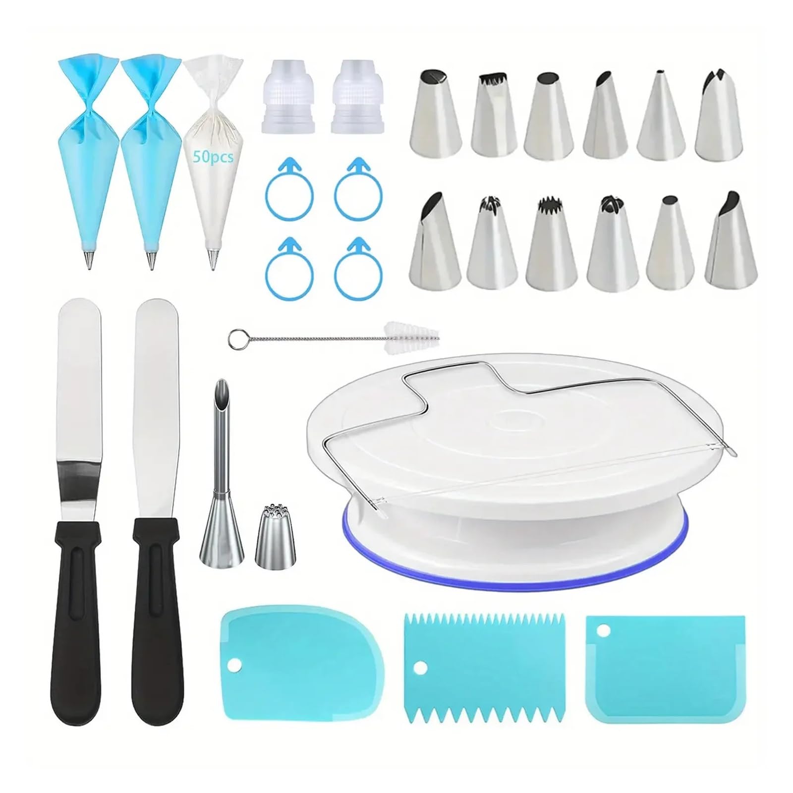 80-teiliges Kuchendekorationsset – rutschfester Drehteller mit 14 Spritztüllen, Schabern und Werkzeugen for professionelles DIY-Backzubehör(BP-80pcs-pink-B)