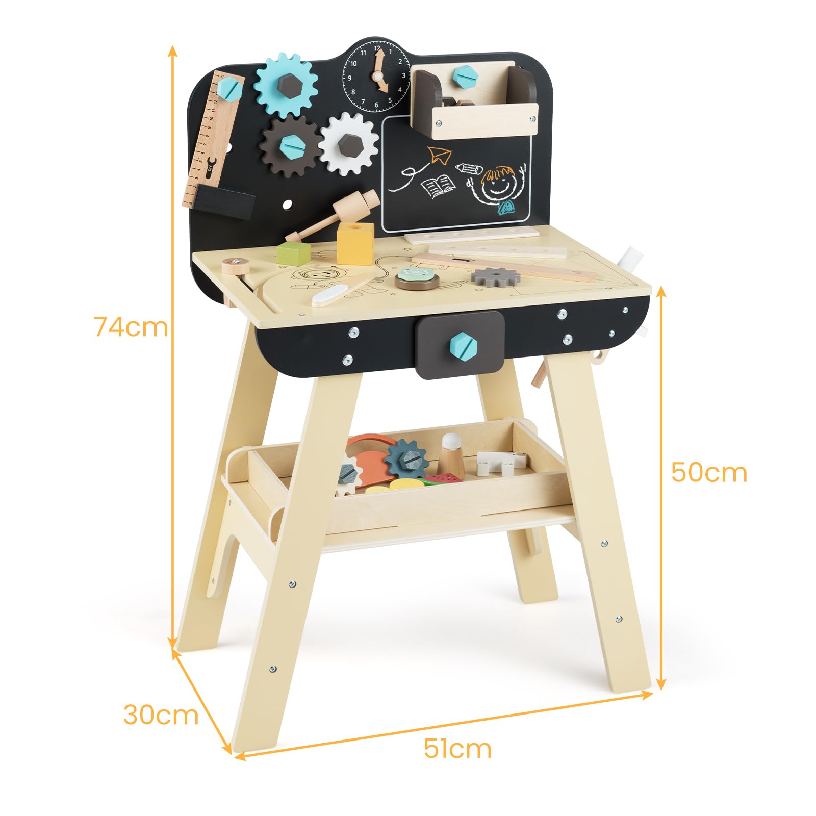 GOPLUS Banco de Herramientas de Madera para Niños, Taller de Bricolaje con Herramientas, Reloj Interactivo, Pizarra, Almacenamiento Amplio, Juego de Imitación para Niños y Niñas de 3+ Años