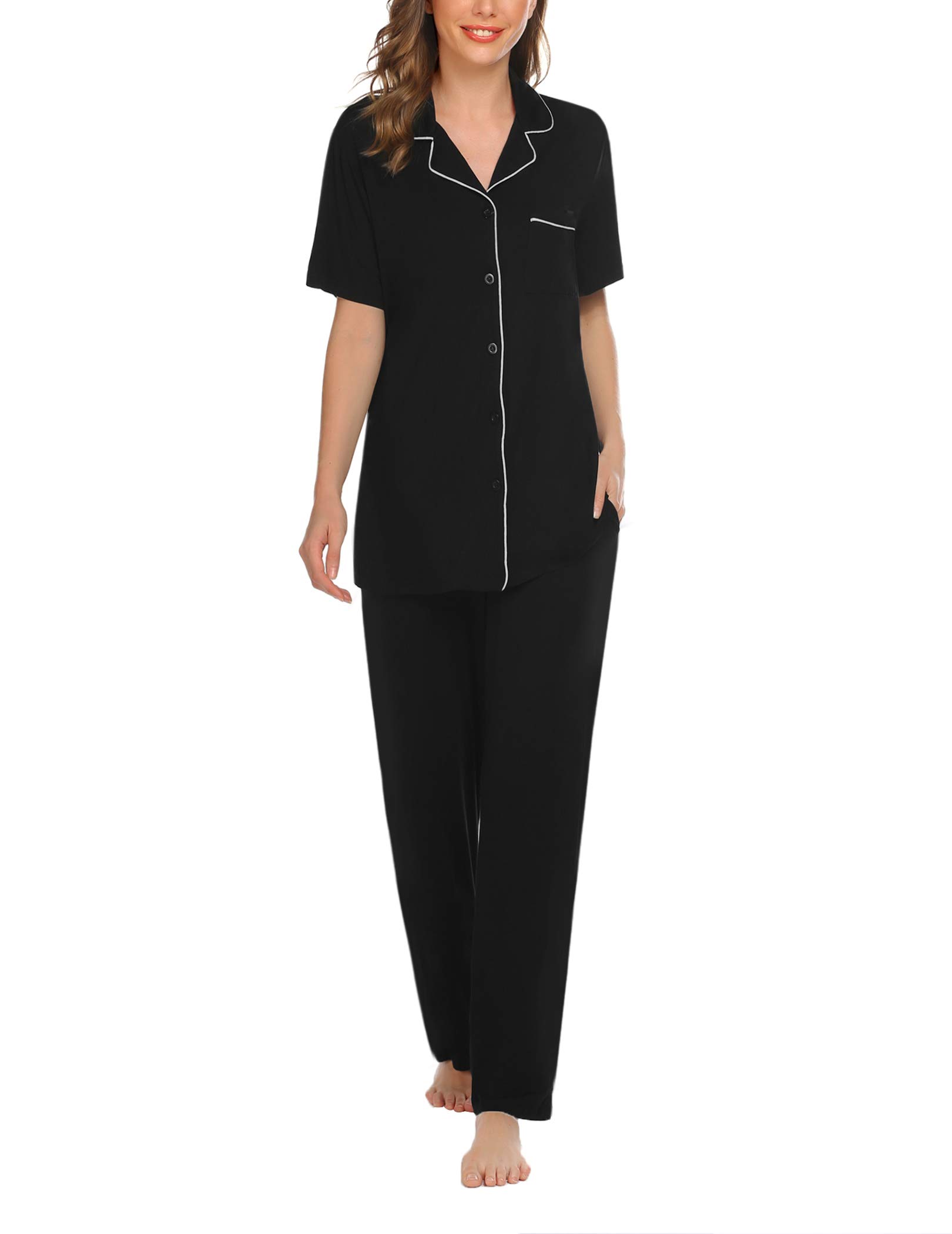 EkouaerWomen Pajamas Set Button Down Sleepwear Short Sleeve Nightwear with Long Pants Soft Pjs Set S-XXL