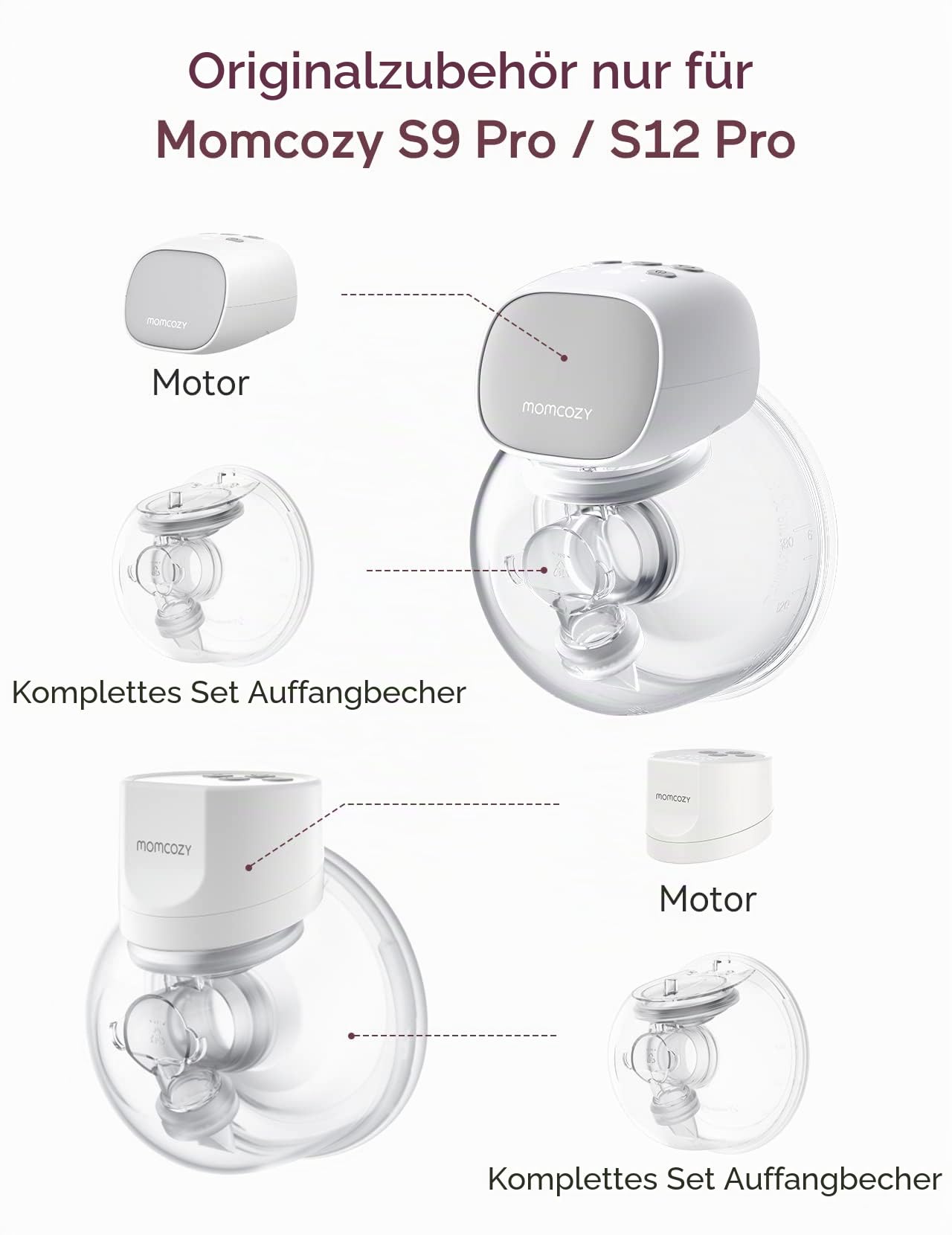 Momcozy Full Set Collector Cup Nur kompatibel mit Momcozy S9 Pro/S12 Pro, NICHT Für S9/S12. Original S9 Pro/S12 Pro Milchpumpen-Ersatzzubehör (180 ml, Mit Doppelt Abgedichtetem Flansch 24 mm)