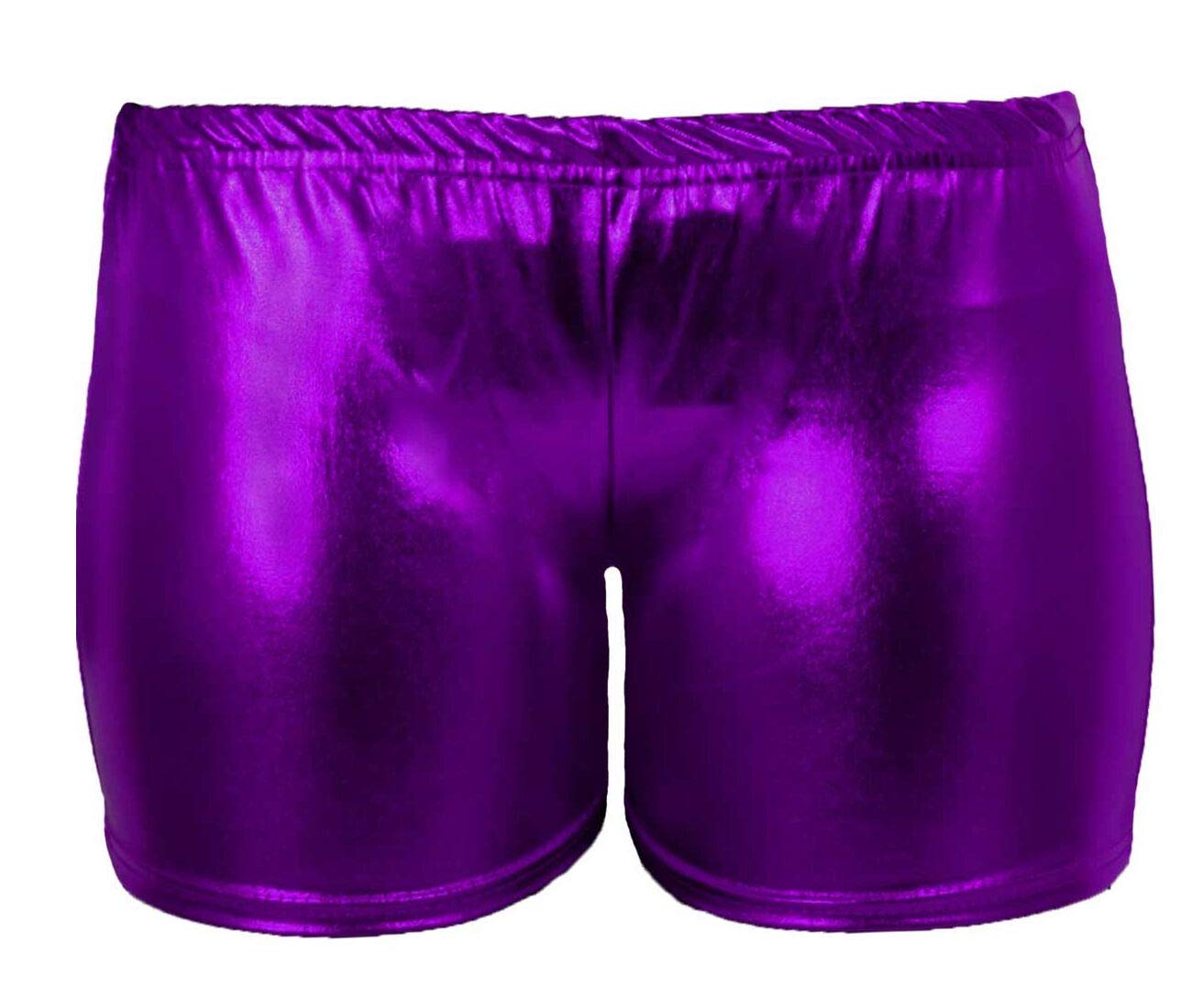 Fairy Trendz Women's Purpl Elastic Waist Metallic Shinny Hot Pant Wet Look Disco Party Outfit Fancy Shorts