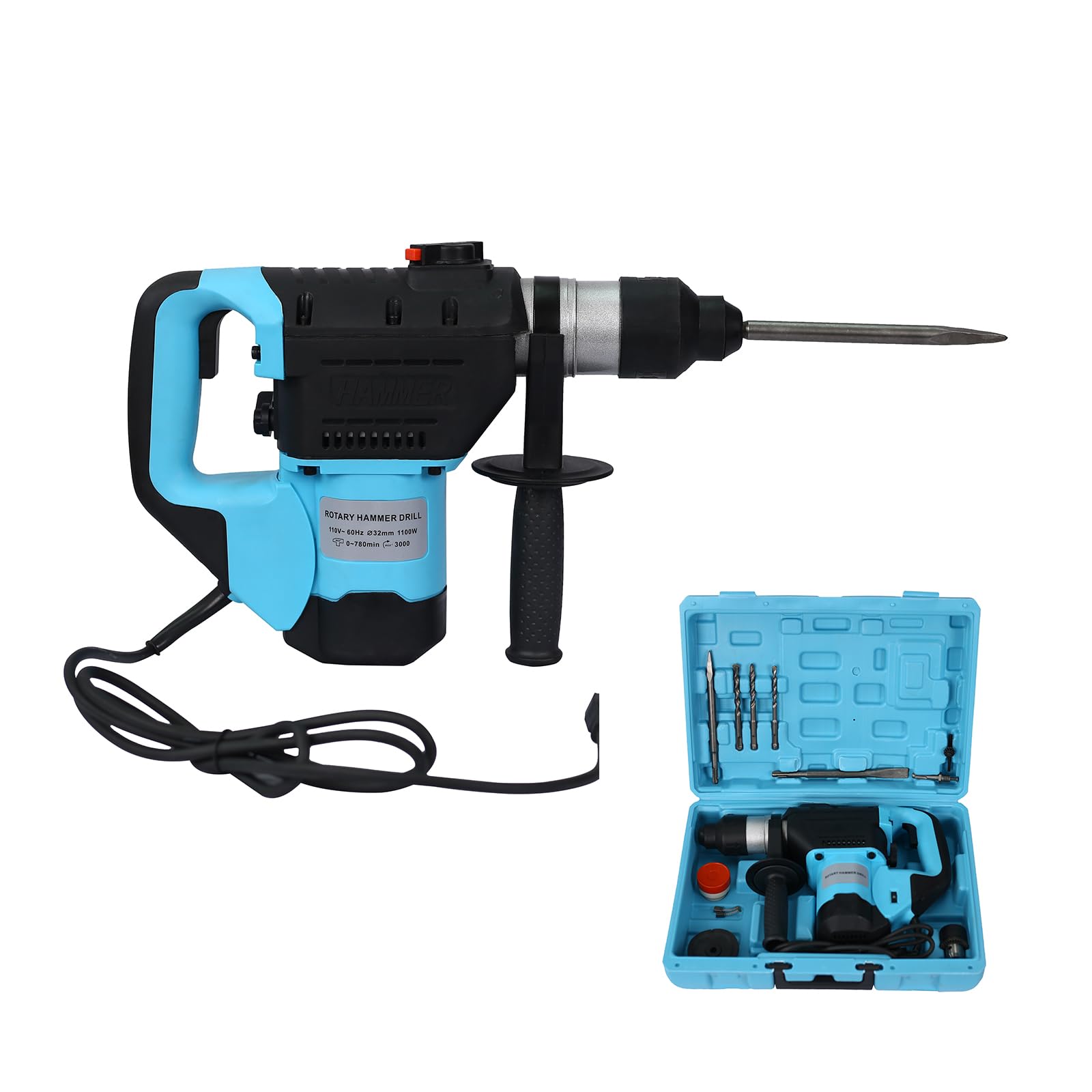Rotary Hammer Drill - 1-1/2 Inch SDS-Plus 12.5 Amp Heavy Duty Rotary Hammer Drill with Vibration Control & 3-Mode Operation | Tool Set with Drill for Concrete Masonry and Metal Blue