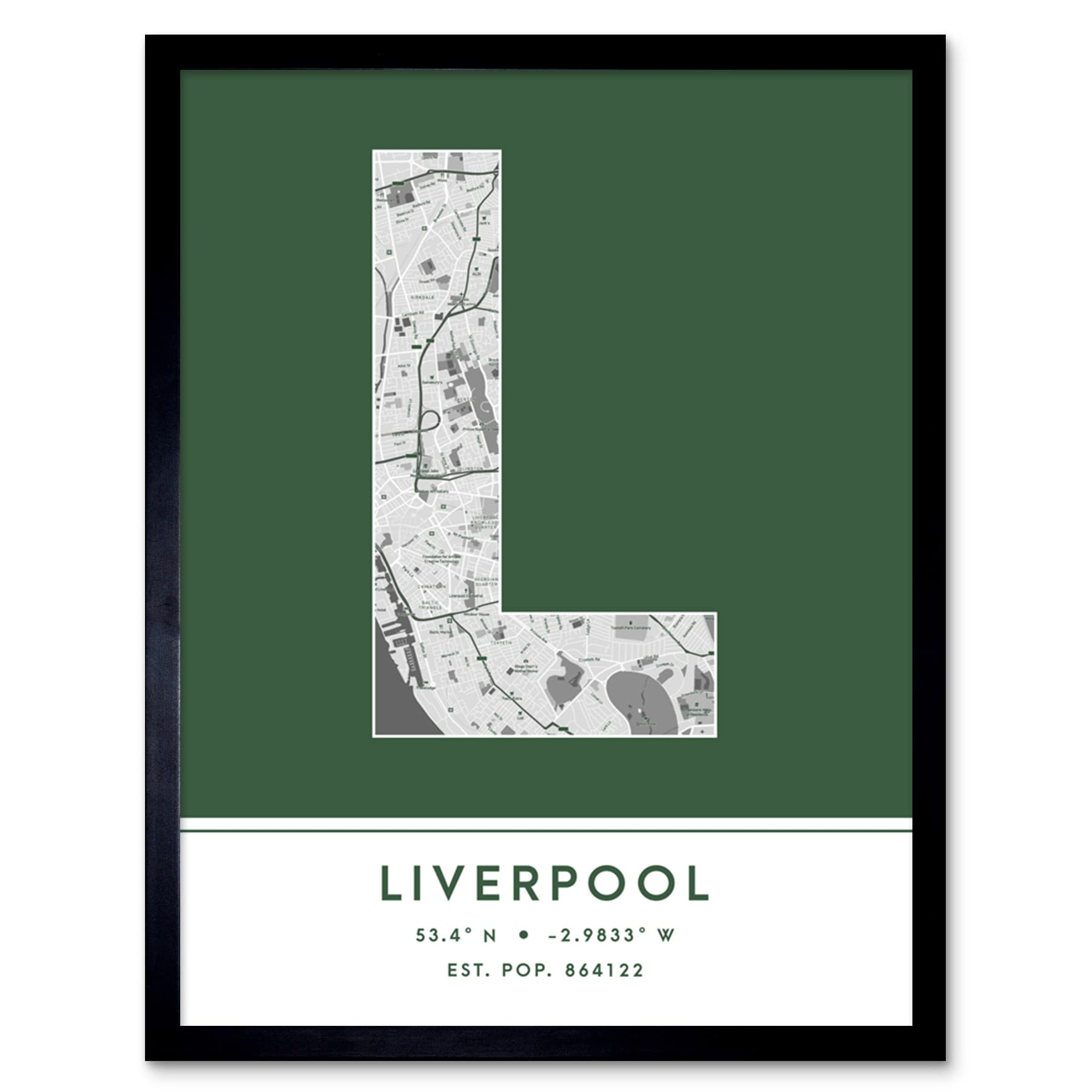 Wee Blue Coo Liverpool England United Kingdom City Map Green Colour Block Modern Typography Stylish Letter Framed Word Wall Art Print Poster for Home Décor CITYMAP1