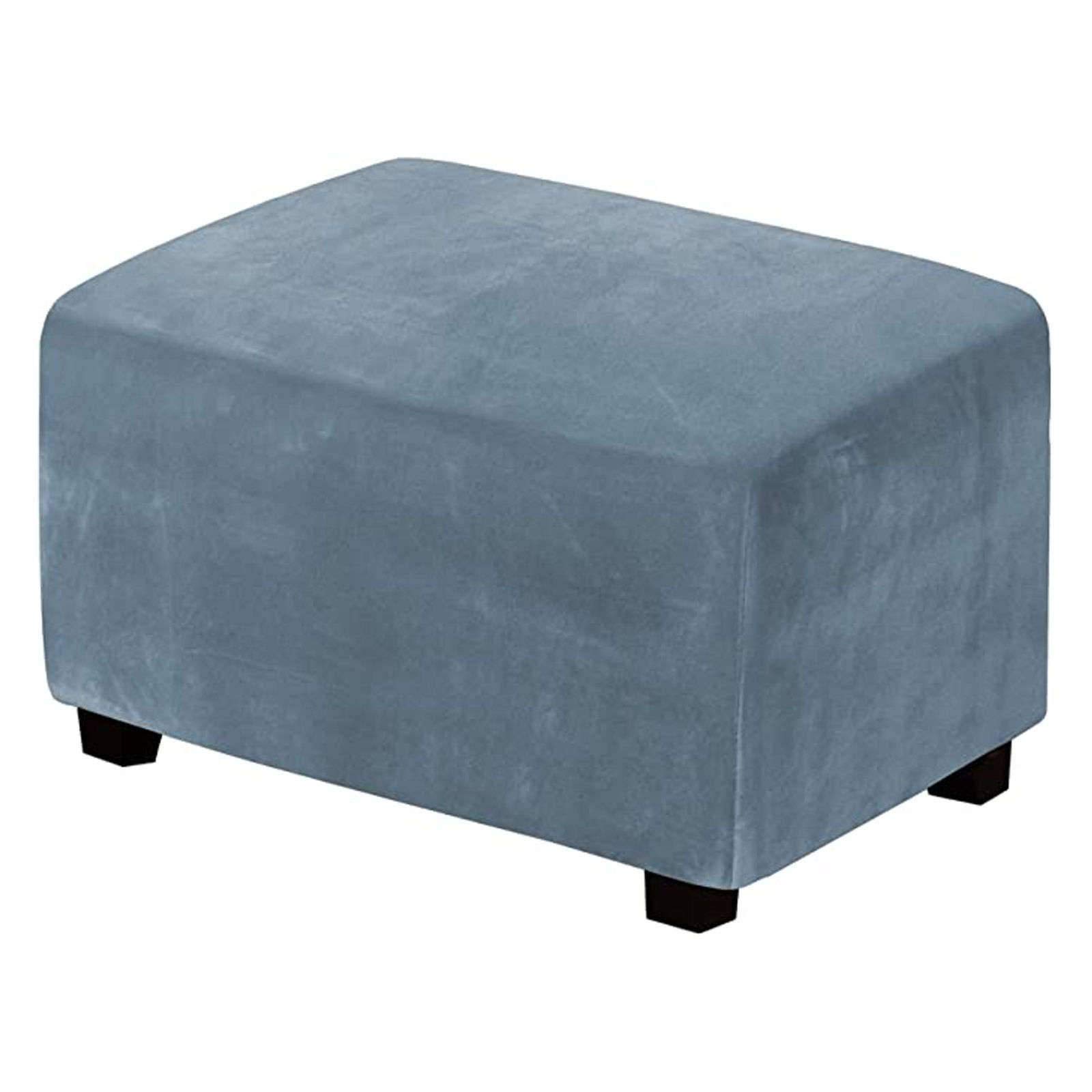 JHLD Velvet Ottoman Cover, Solid Color Stretch Ottoman Cover Rectangle Ottoman Slipcover With Stretch Bottom For Living Room-Gray blue-X Large