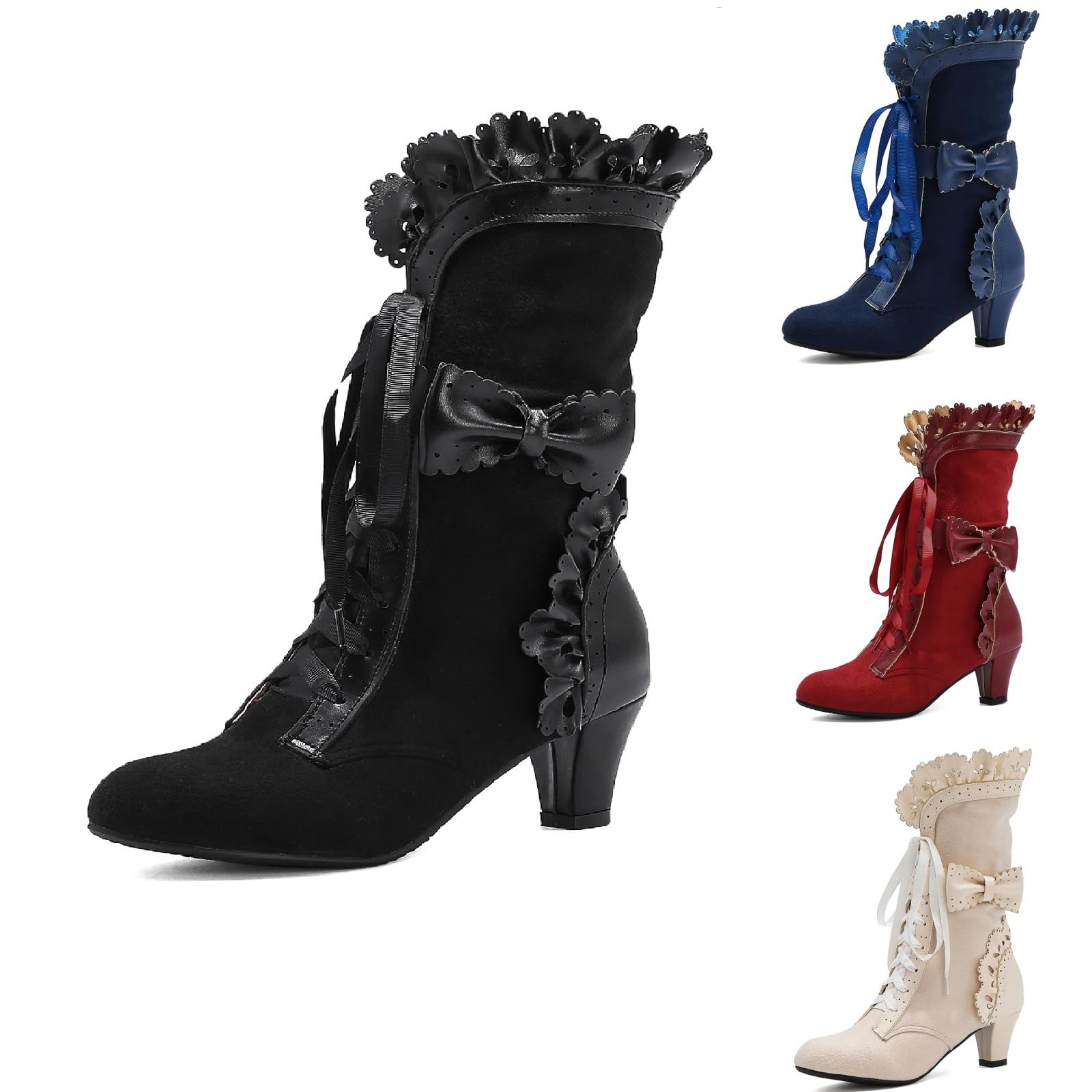 Victorian Boots For Women Women Sweet Bow Mid Heels Boots Lace Up Calf Kawaii Boot Vintage Ruffles Goth