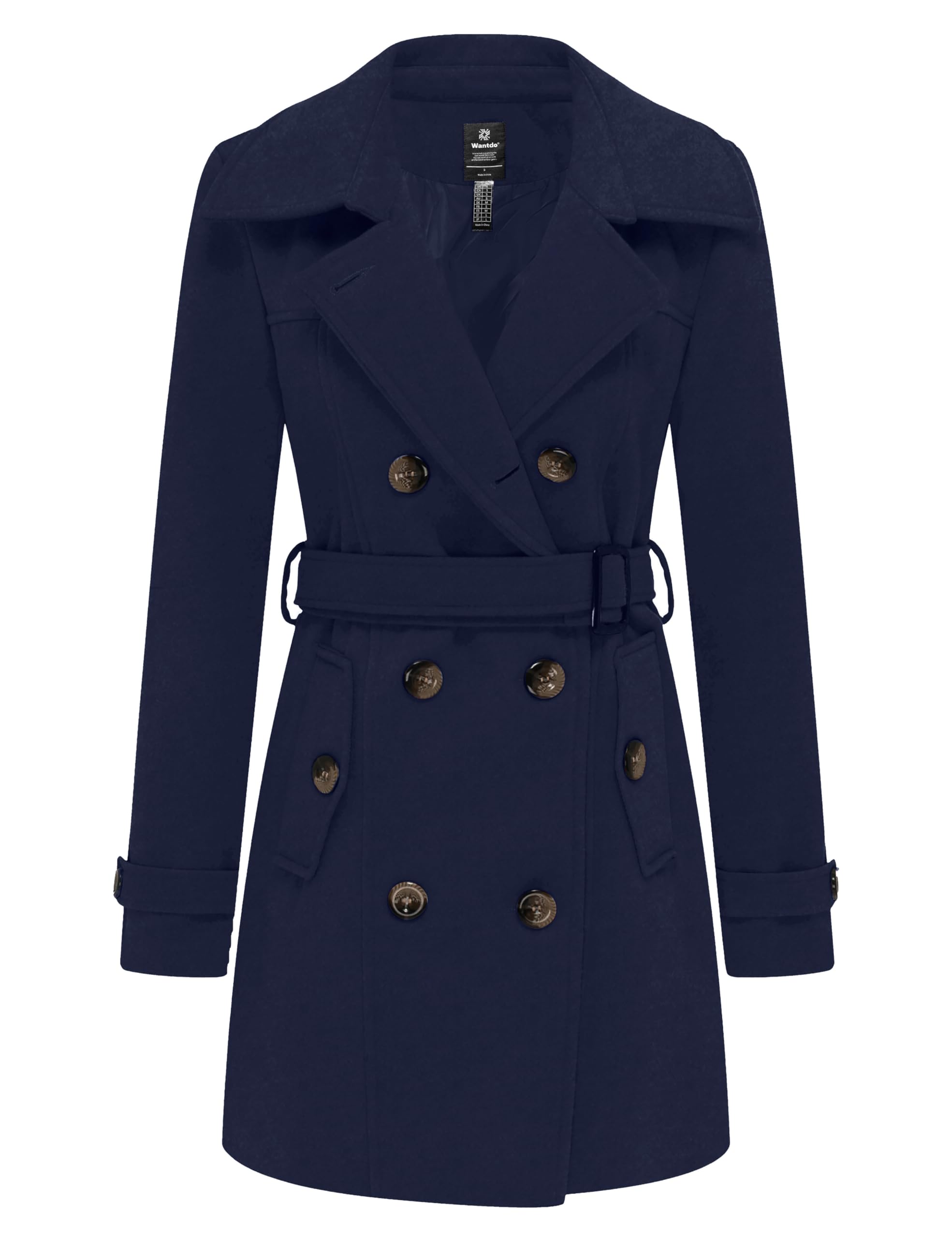 wantdo Women's Double Breasted Pea Coat Winter Mid-Long Trench Coat with Belt Navy Medium