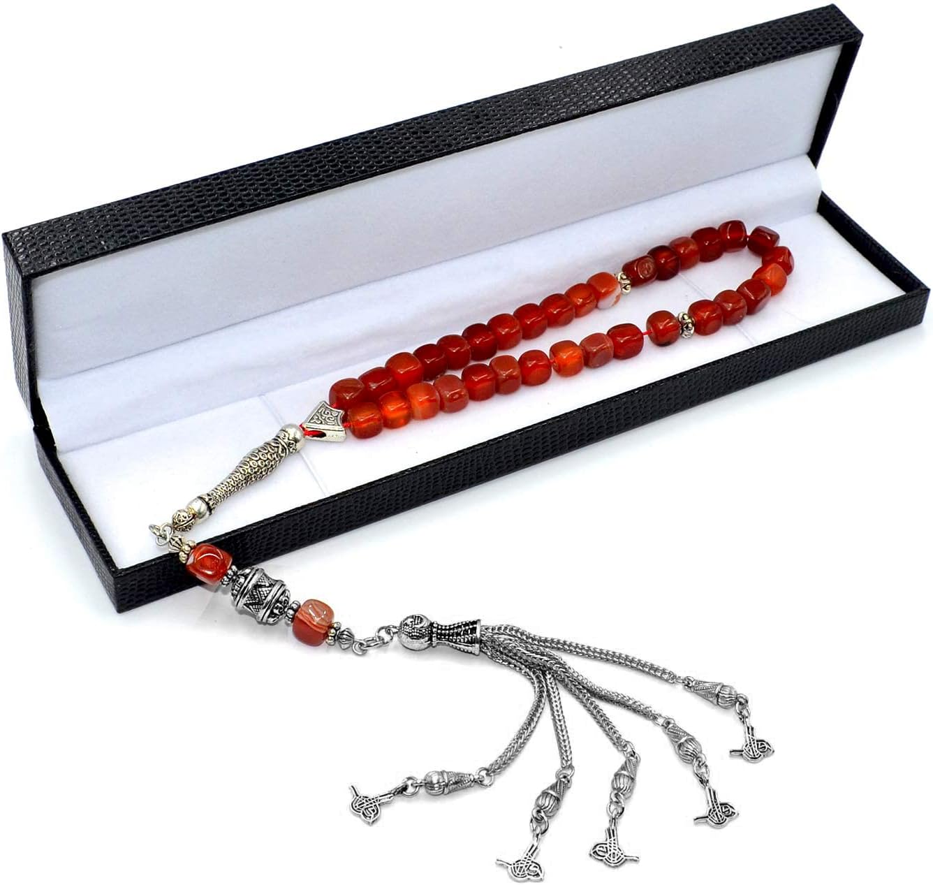 Design -Square Beads Collection Worry Beads - Prayer Beads (8 mm-33 Beads) Tesbih-Tasbih-Tasbeeh-Misbaha-Masbaha-Subha-Sebha-Sibha-Rosary-Worry Beads (Red Square Agate)