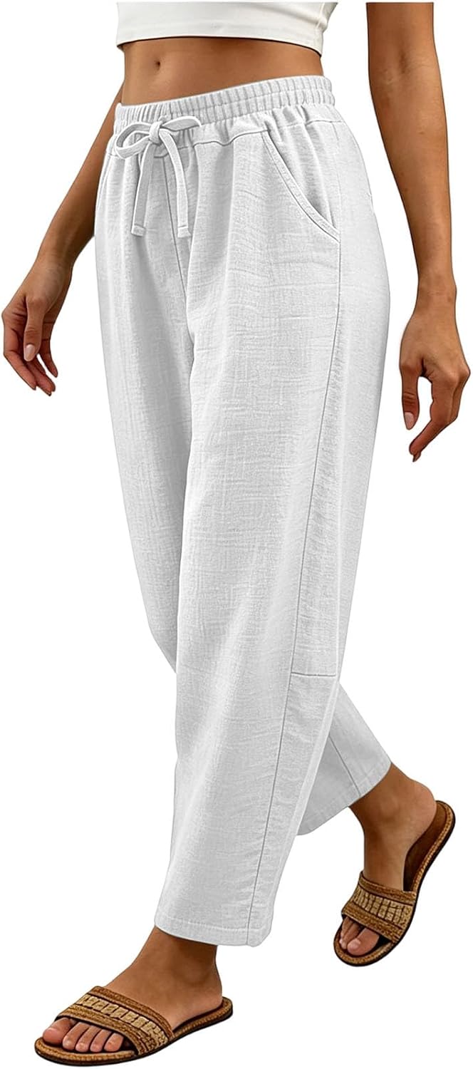 Women's Cropped Pants Drawstring Summer Elastic Waist Lightweight Beach Vacation Outfits Barrel Pants with Pockets