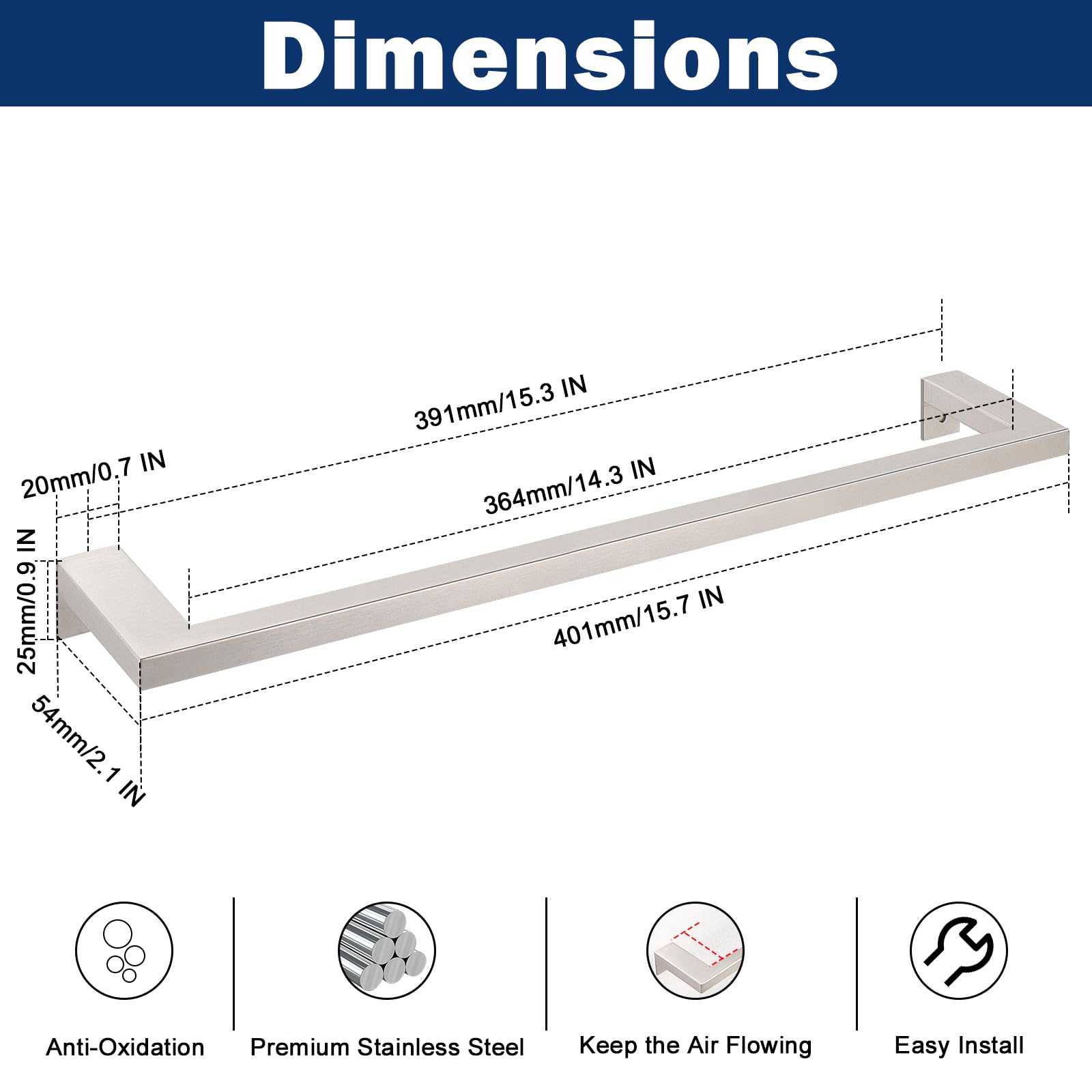 NearMoon Bath Towel Bar, Bath Accessories Heavy Duty Stainless Steel Shower Towel Rack, Wall Mounted Towel Holder for Bathroom, Kitchen (16 Inch, 1 Pack)