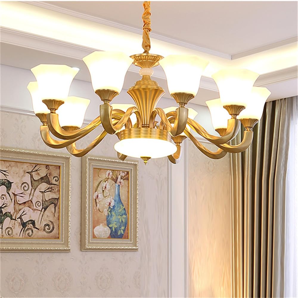 HXYSXHJUO American Brass Pendent Lamp European Luxurious Living Room Dining Bedroom Villa Hotel Sample Chandelier (A 10 Lights)