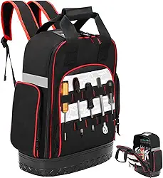 Mochila Ferramentas com Fundo Rígido À Prova D'água 45*34*16cm, Mochila Reforçada Base Emborrachada para 3 Bolsos e 10 Ranhuras No Exterior, 5 Bolsos e 10 Ranhuras no Interior, Bolsa de Ferramentas