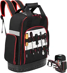 Mochila Ferramentas com Fundo Rígido À Prova D'água 45*34*16cm, Mochila Reforçada Base Emborrachada para 3 Bolsos e 10 Ranhuras No Exterior, 5 Bolsos e 10 Ranhuras no Interior, Bolsa de Ferramentas