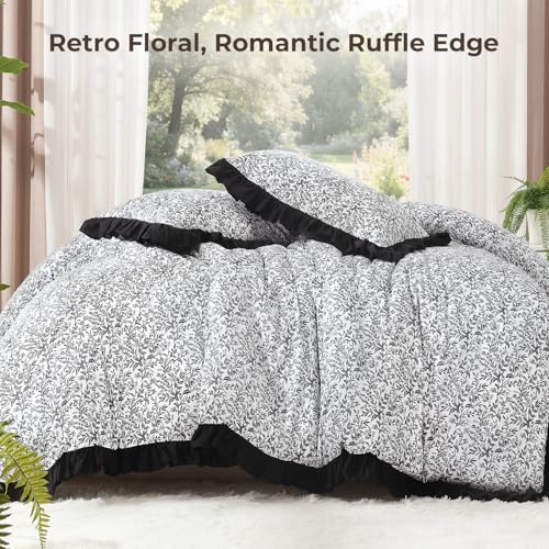 Image of Litanika Black White Queen Comforter Set, 3 Pieces Ruffle Floral Farmhouse Aesthetic Bedding Comforter Set, All Season Soft Lightweight Fluffy Microfiber Bed Set(90x90In Comforter, 2 Pillowcases)