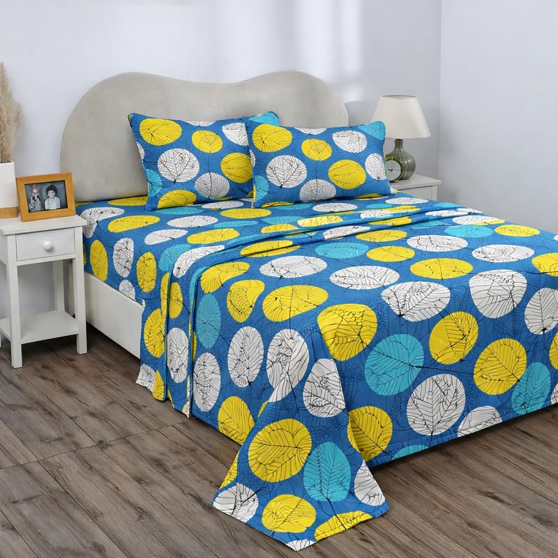 Image of BSB HOME Double Bedsheet 144 TC Microfiber with 2 Pillow Covers | Smooth, Lightweight & Quick-Dry Bed Sheet Set | Comfortable Bedding for Home, Guest Room & Daily Use - Aqua Pop Leaf
