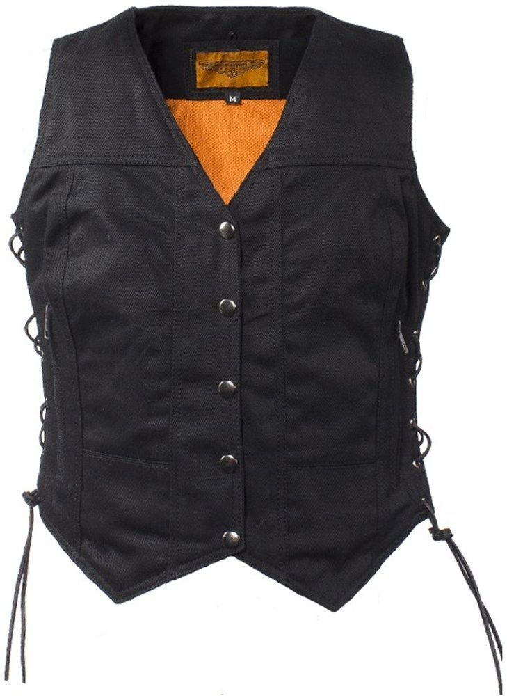 Womens Black Denim Motorcycle Vest With Side Laces