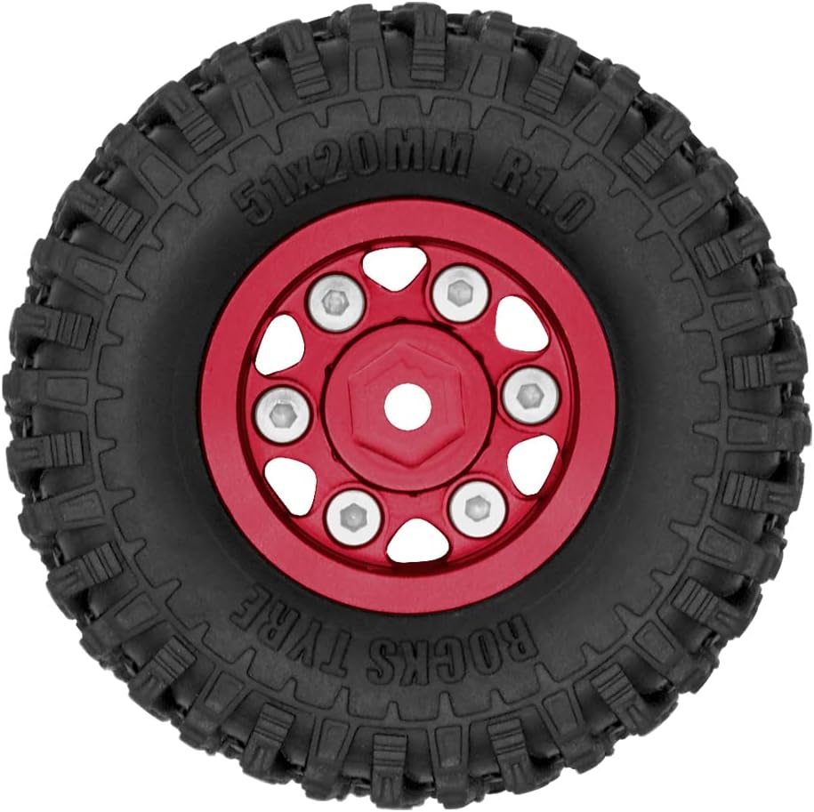 OGRC 4Pcs 1.0 Wheel Rims 1.0 Beadlock Wheels Rims 1.0 Tires Soft Rubber Crawler Wheel Tires for Axial SCX24 Gladiator Bronco C10 JLU Deadbolt RC Crawler Upgrades Parts (Red)