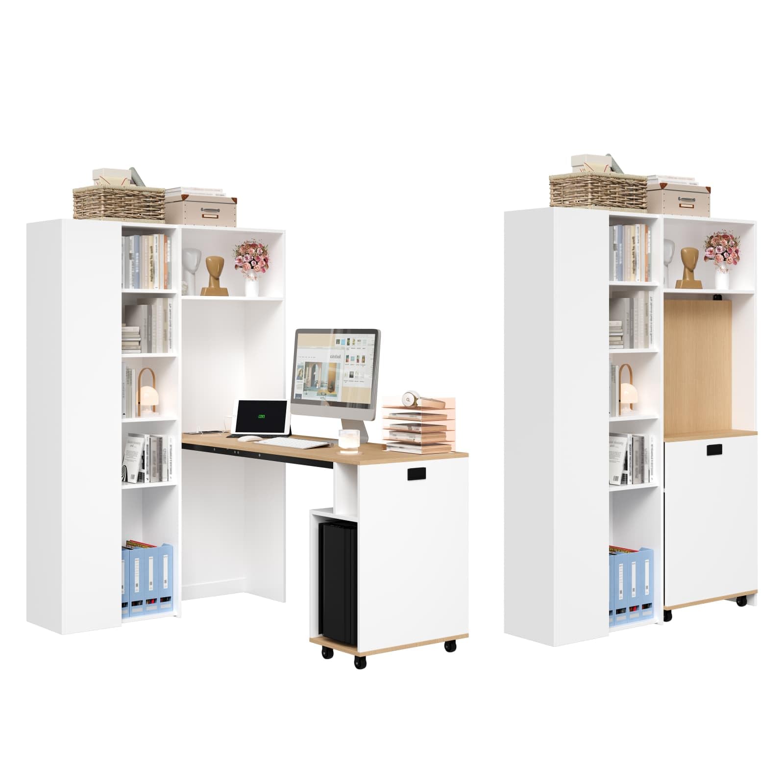 KOMHTOM Escritorio Plegable con Estantería Integrada a la Izquierda Mesa Ordenador Ahorro de Espacio con Enchufe y Puertos USB Blanco (Blanco Brillo - Estantería a la Izquierda)