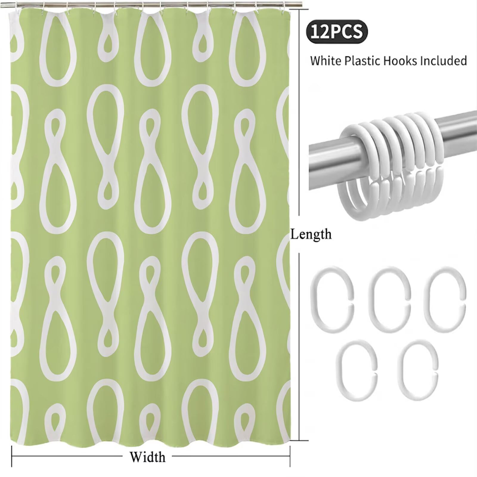 Rideau de Douche 180x240 cm - Tissu Polyester Imperméable Anti-Moisissure - 12 Anneaux Inclus - Ourlet Lesté pour Stabilité - Lavable en Machine - Idéal de Baignoire et Douche - Vert & Blanc Y1#514