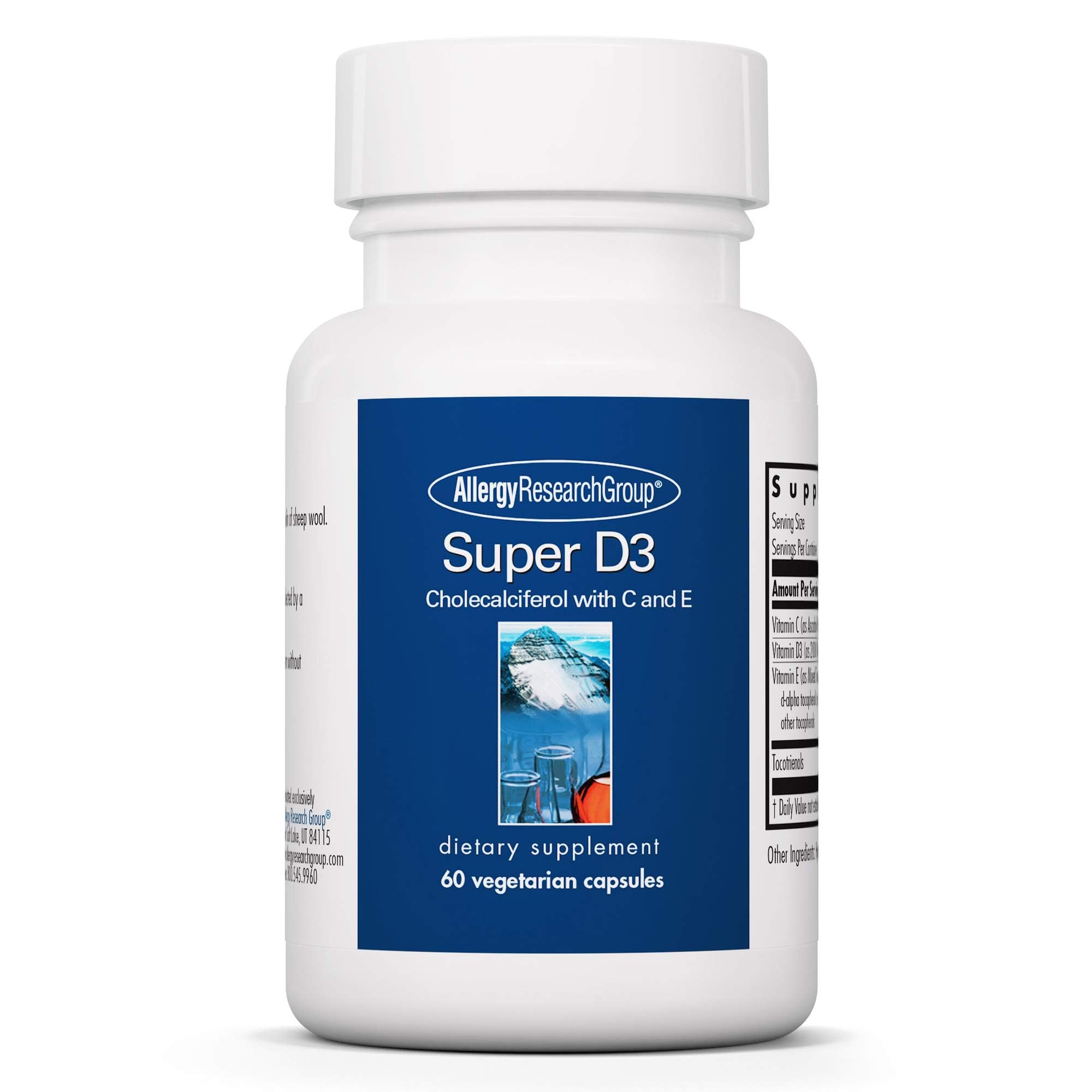 Allergy Research Group Super D3 Dietary Supplement - Bone & Immune Support, Cholecalciferol with C & E, Vegetarian Capsules, Gluten Free - 60 Count