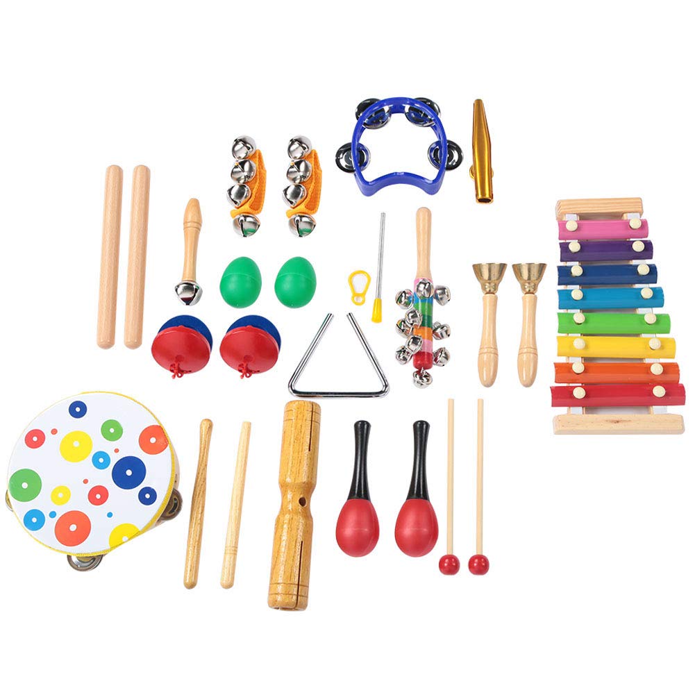 Dilwe 19 Sztuk Zestaw Instrumentów Muzycznych dla Malucha, Bęben Ręczny Ośmiotonowy Aluminiowy Ksylofon Fortepianowy z Drewnianymi Kastanietami dla Dzieci Wczesna Edukacja