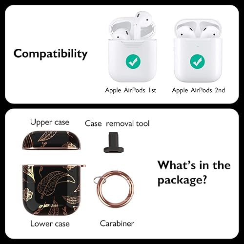 Miniatura 2 de TATOFY Funda para AirPods 1 y 2, elegante funda para AirPods para mujeres y niñas, patrón de flores protectora rígida con clip (dorado negro)