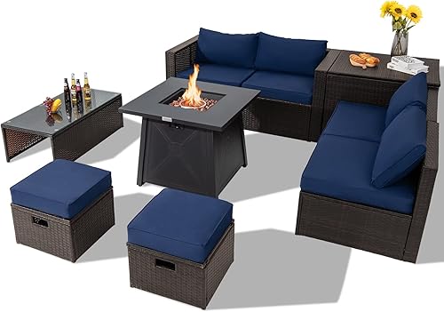 Miniatura 10 de Tangkula Juego de muebles de patio de 9 piezas con mesa de fogata de propano de 30 pulgadas, juego de sofá modular de mimbre de polietileno para