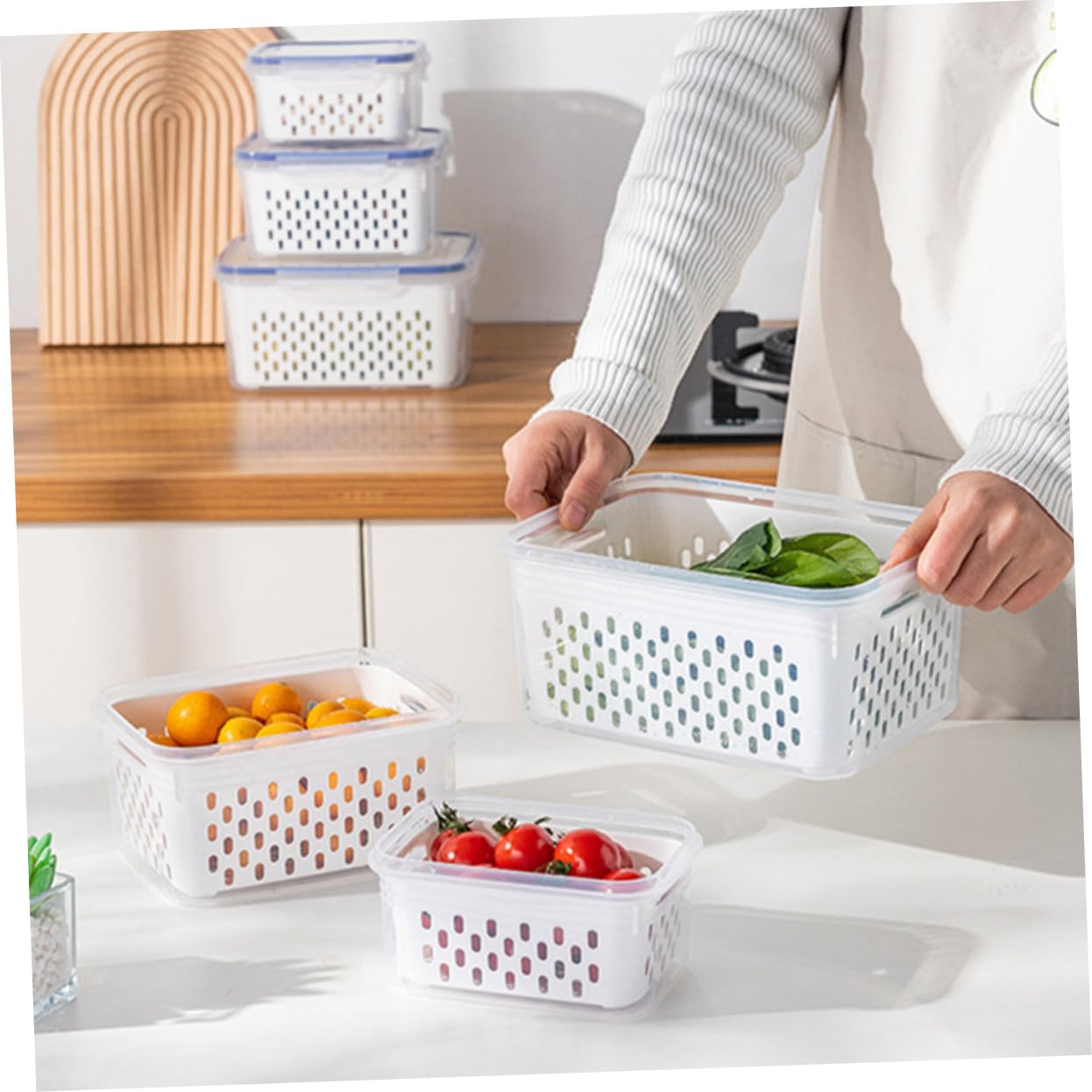 Alipis Set 3 Pezzi Contenitori per Frutta e Verdura con Coperchio, Design Trasparente in Pp, Capacità 850ml 1750ml 3300ml con Scolapiatti Rimovibile per Frigorifero