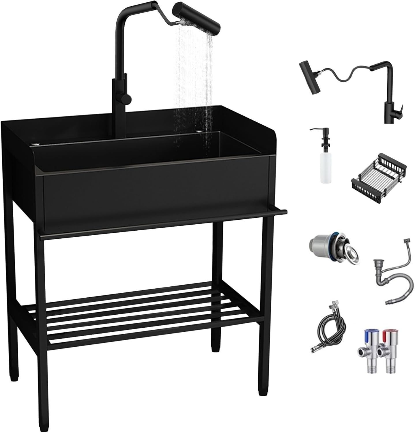31.6" Stainless Steel Utility Sink with 3-Sided Splash Guard,Freestanding Outdoor Sink with Pull-Down Sprayer & Cabinet,Single Bowl Laundry Sink for Garage, Commercial Kitchen,Backyard,Black