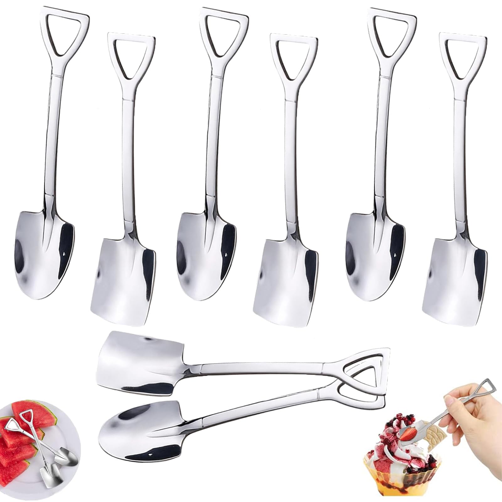 8 pcs Shovel Spoons, Mini Shovel Spoons Set, Dessert Spoon Set, Stainless Steel Ice Cream Spoons, Espresso Spoons, Reusable Afternoon Teaspoon for Home,Kitchen or Restaurant(sharp scoops+flat scoops)