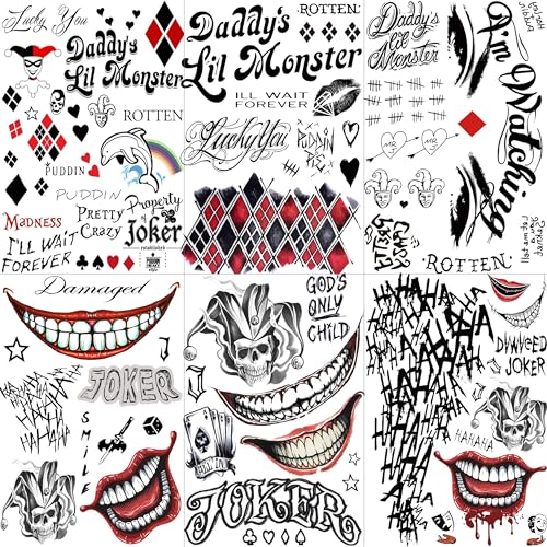 LAROI 6 Sheets 3D Halloween HQ and Joker Temporary Tattoos For Men Women Adults DIY Fake Joker Face Tattoo Stickers Halloween Makeup Kit Decals Prisoner Costume Cosplay Party Rave Accessories