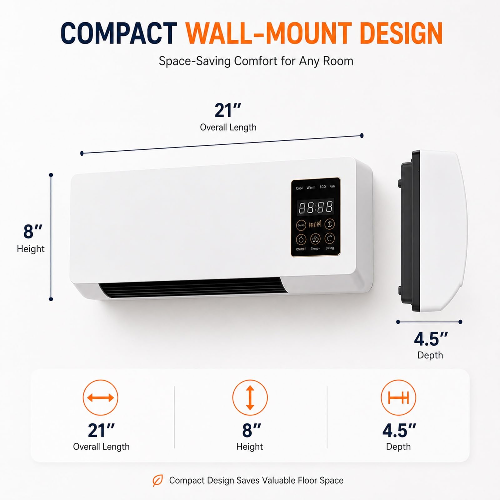 Aire Acondicionado de Pared de 1800 W: Sistema 2 en 1 con Calefactor Cerámico (PTC) y Ventilador de Refrigeración, Incluye Mando a Distancia y Temporizador; Ideal para Dormitorios