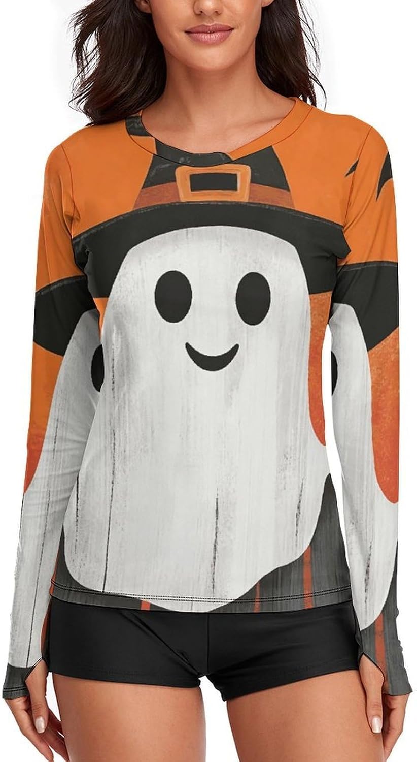 Halloween Smiling Ghost Rash Guard for Women UPF 50+ UV Sun Protection | Long Sleeve Workout Top Quick Dry Athletic Hiking Shirt Moisture Wicking Swim Shirt for Running, Cycling, Swimming