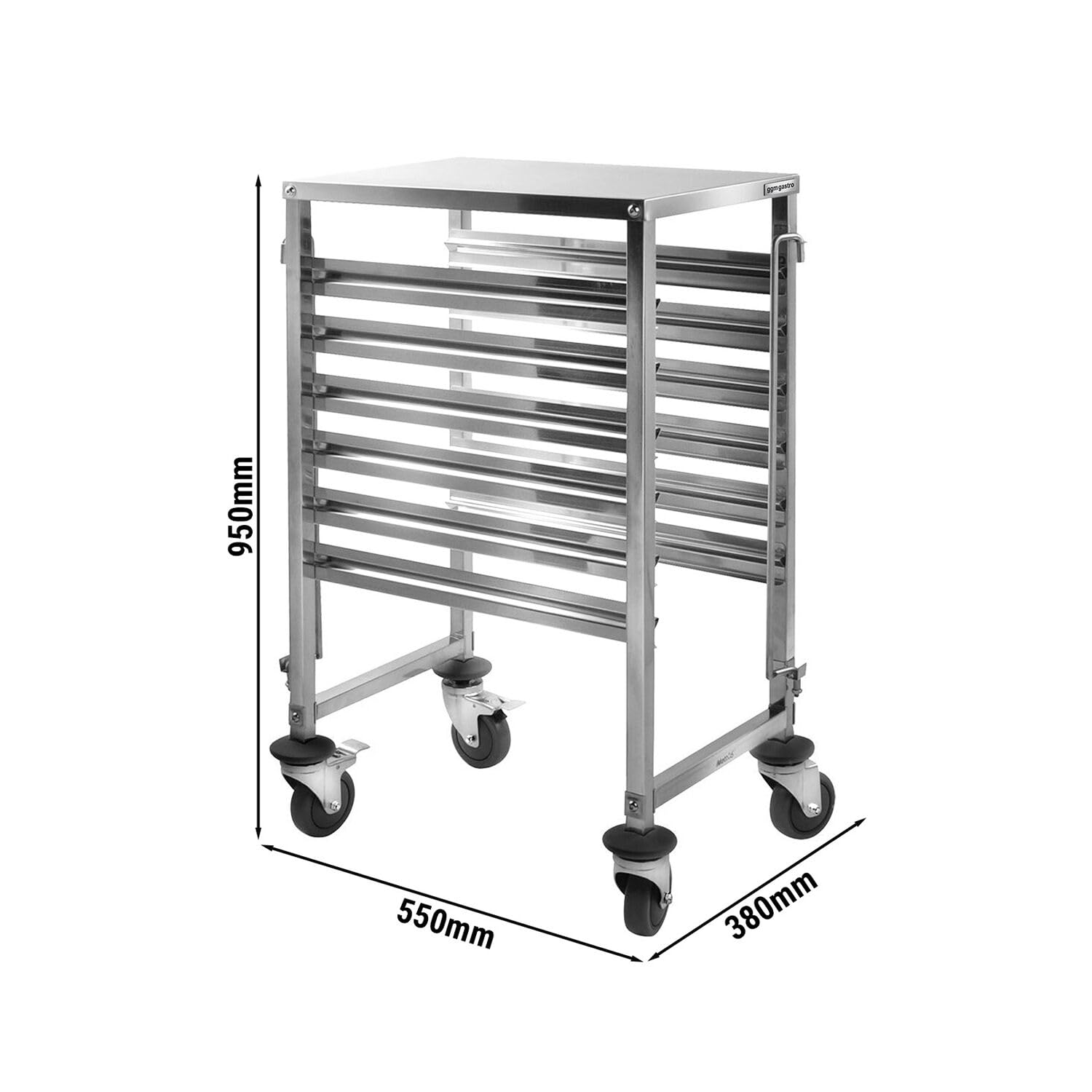 Tablettwagen - für 6 Tabletts GN 1/1 | Hochwertiger Edelstahl AISI 304, pflegeleichte Oberflächen, leichtgängige Lenkrollen mit Bremsen, sofort einsatzbereit